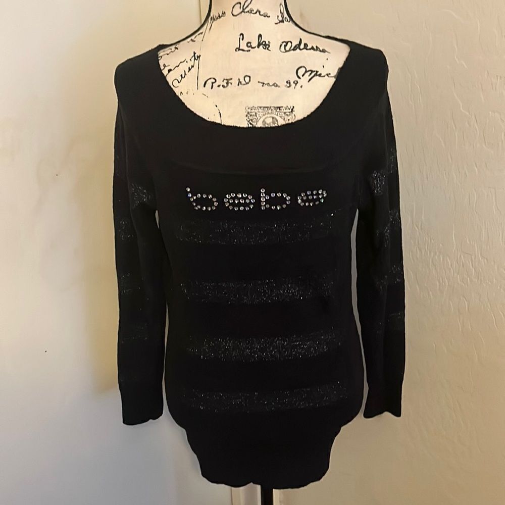 Bebe Black Silver Metallic Embellished Pullover Sweater